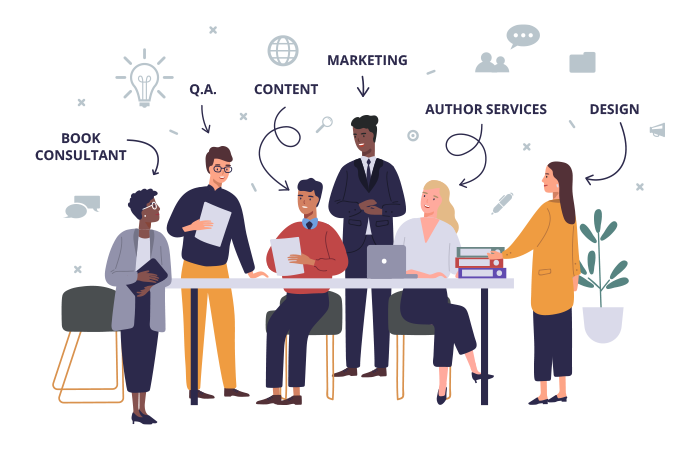 Group of co-workers, representing the Xlibris Publishing team, consulting and working around a table. 